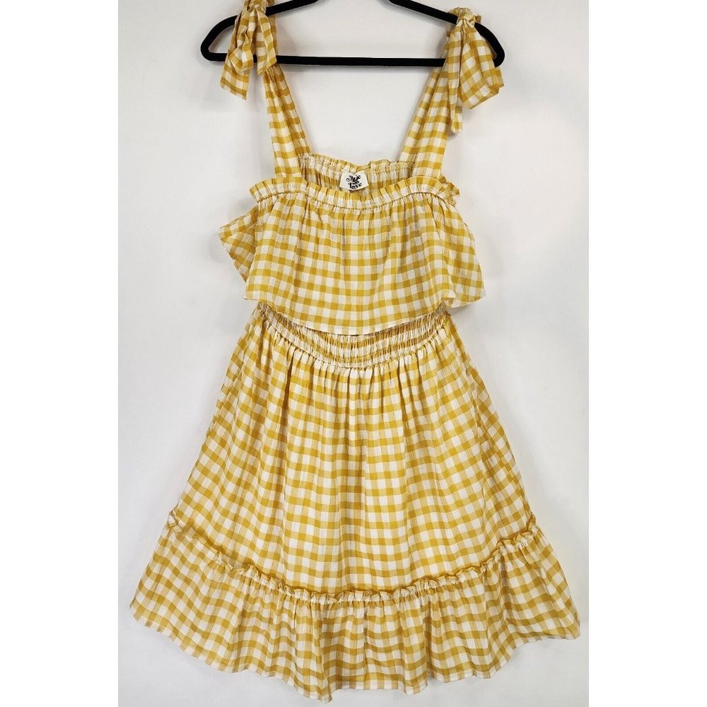 Made With Love Dress Womens Small Yellow Check Smock Sleeveless Knee Length